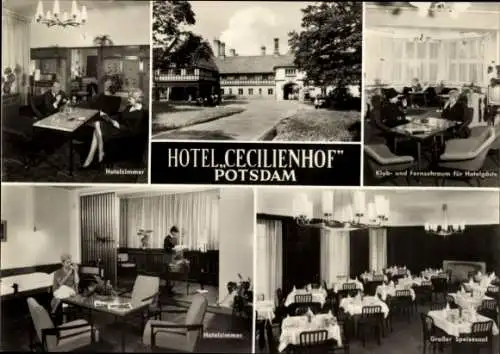 Ak Potsdam, Hotel Cecilienhof, Hotelzimmer, Klub- und Fernsehraum für Hotelgäste, Großer Speisesaal