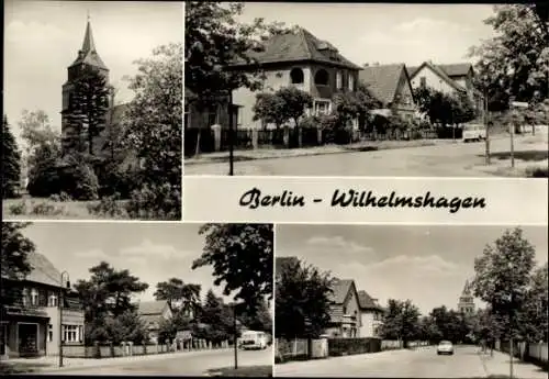 Ak Berlin Köpenick Rahnsdorf Wilhelmshagen, Kirche, Straßenpartien, Wohnhäuser