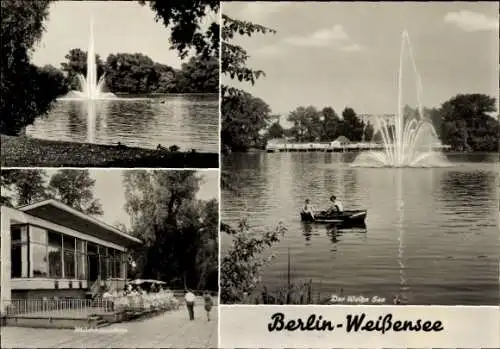 Ak Berlin Weißensee, Weißer See, Wasserfontäne, Milchhäuschen, Ruderboot