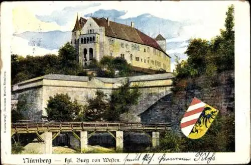 Ak Nürnberg in Mittelfranken, Königliche Burg, Westseite, Brücke, Wappen