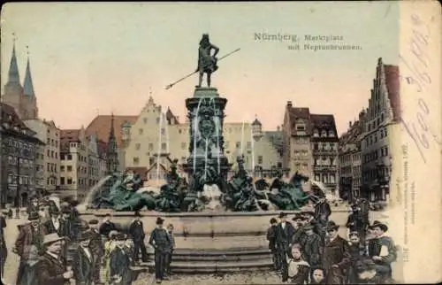 Ak Nürnberg in Mittelfranken, Marktplatz, Neptunbrunnen