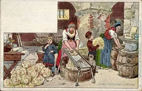 Künstler Litho Kauffmann, Usages et Costumes d'Alsace, Elsässer Tracht, Küche, Eingelegter Kohl