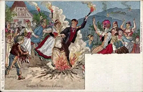 Künstler Litho Kauffmann, Im Elsass, Elsässer Tracht, Johannisfeuer