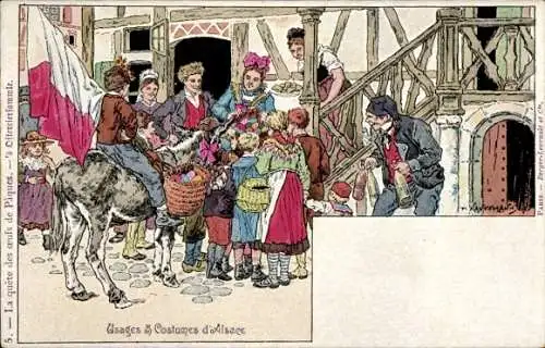 Künstler Litho Kauffmann, Usages et Costumes d'Alsace, Elsässer Tracht, Ostern, Ostereier, Esel