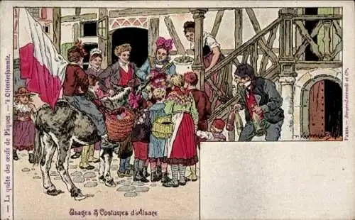 Künstler Litho Kauffmann, Usages et Costumes d'Alsace, Elsässer Tracht, Ostern, Ostereier, Esel