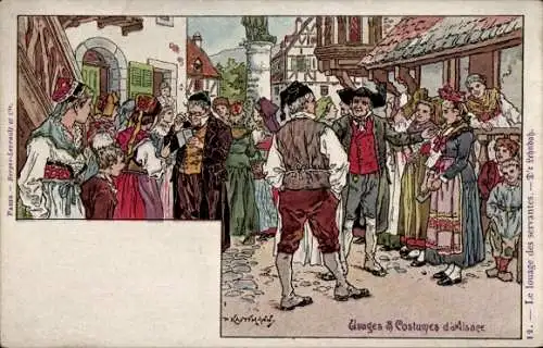 Künstler Litho Kauffmann, Elsässer Bräuche und Trachten, D'r Lehndah