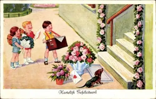 Ak Glückwunsch Geburtstag, Kinder mit Blumen und Leierkasten, Dackel