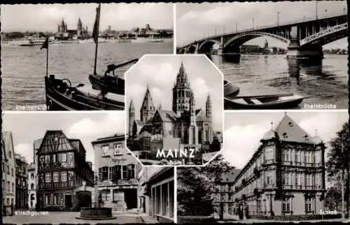 Ak Mainz am Rhein, Rheinansicht, Kirschgarten, Rheinbrücke, Schloss, Dom