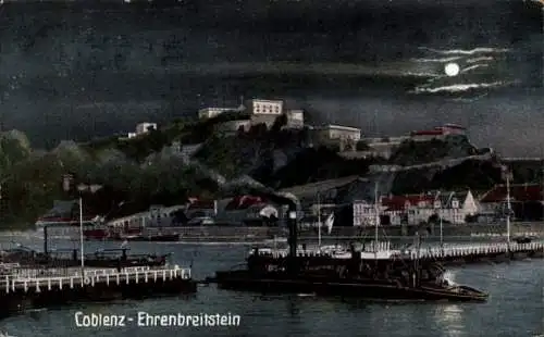 Ak Koblenz am Rhein, Ehrenbreitstein, Mondschein, Dampfer