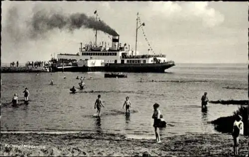 Ak Kollmar an der Niederelbe, Badestrand, Anlegerbrücke, Dampfer, Badegäste