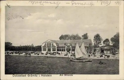 Ak Ostseebad Grömitz in Holstein, Strand, Segelboote, Ruderboot