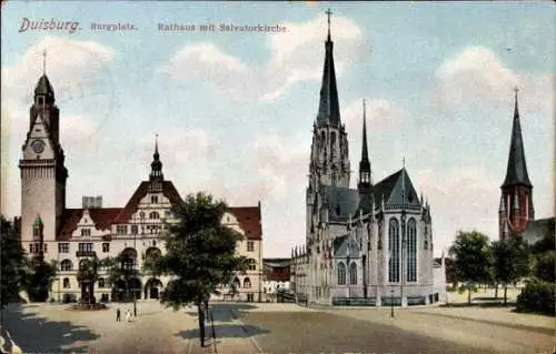 Ak Duisburg im Ruhrgebiet, Burgplatz, Rathaus mit Salvatorkirche