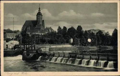 Ak Penig in Sachsen, Blick auf das Wehr, Kirche