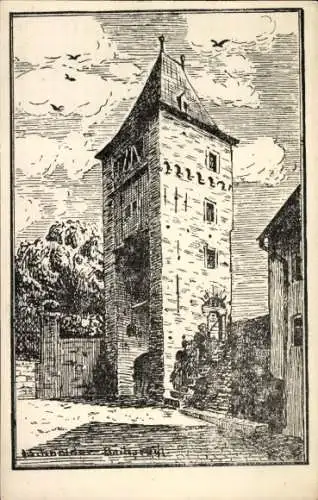 Künstler Ak Bacharach am Rhein, Jugendherberge, Münzturm, Festungsmauer