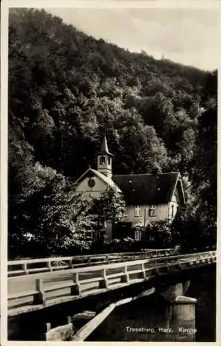 Ak Treseburg Thale Harz, Kirche von der Brücke gesehen