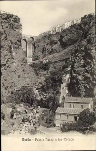 Ak Ronda Andalusien Spanien, Puente Nuevo und die Mühlen