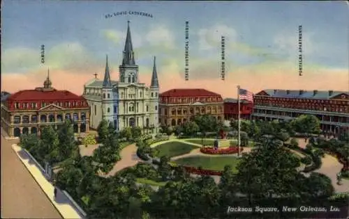 Ak New Orleans Louisiana USA, Jackson Square, Cabildo, St. Louis Cathedral, Jackson Monument