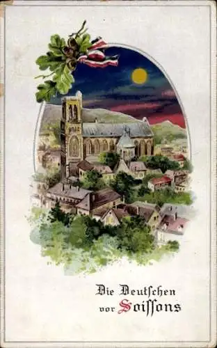 Halt gegen das Licht Litho Soissons Aisne, Panorama, Kirche, Die Deutschen vor der Stadt