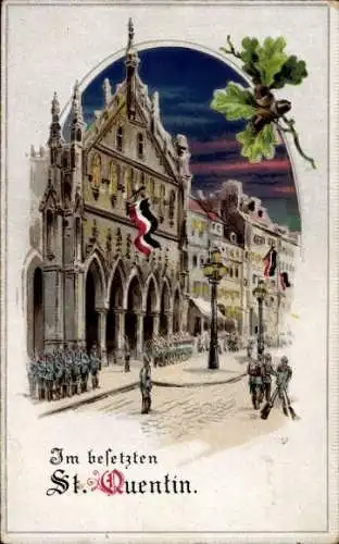 Halt gegen das Licht Relief Litho Saint Quentin Aisne, In der besetzten Stadt, Soldaten, Eichenlaub