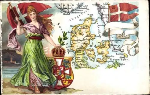 Wappen Landkarten Litho Danmark, Dänemark, Flaggen