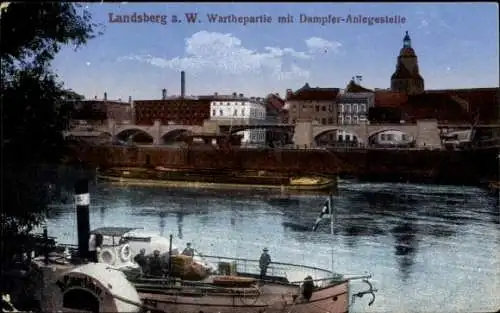 Ak Landsberg an der Warthe Neumark Ostbrandenburg, Dampferanlegestelle, Warthepartie