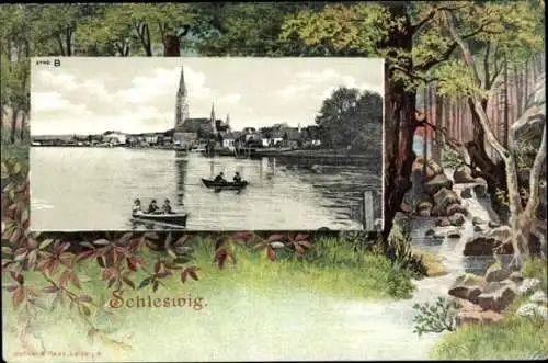 Passepartout Ak Schleswig an der Schlei, Teilansicht, Kirche, Boote, Waldlandschaft