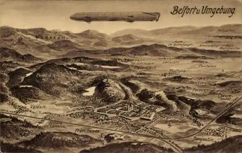 Ak Belfort Beffert Beffort Territoire de Belfort, Kriegsschauplatz Vogesen, dt. Luftschiff, Zeppelin