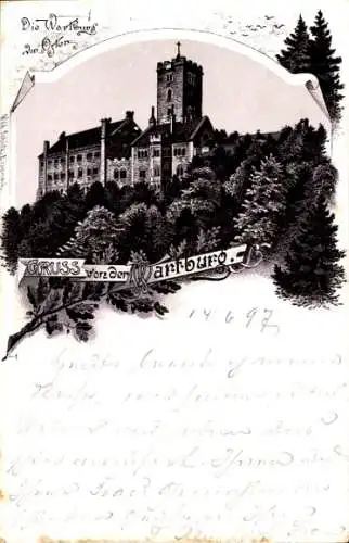 Litho Lutherstadt Eisenach in Thüringen, Wartburg, Blick von Osten auf die Burg