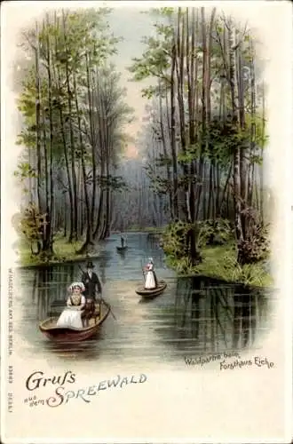 Litho Lübbenau im Spreewald, Waldpartie beim Forsthaus Eiche, Spreewälderinnen im Kahn, Trachten