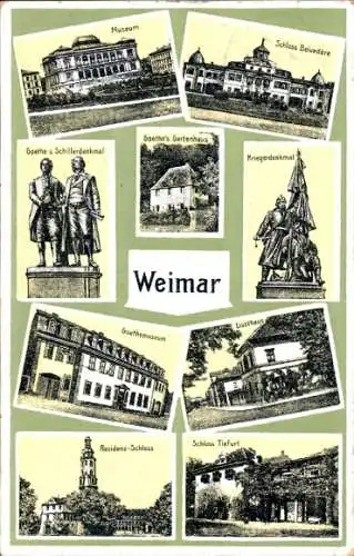 Ak Weimar in Thüringen, Museum, Goethe und Schilllerdenkmal, Residenz-Schloss, Kriegerdenkmal