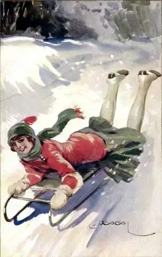 Künstler Ak Usabal, Frau auf einem Schlitten