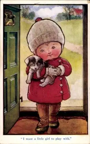 Künstler Ak Mädchen in Wintermantel mit Hund auf dem Arm