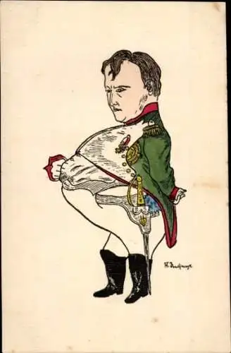 Künstler Ak Karikatur, Napoleon Bonaparte mit dickem Bauch