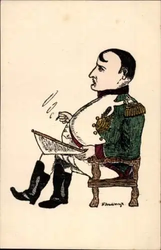 Künstler Ak Karikatur, Napoleon Bonaparte mit Zigarette und Zeitung