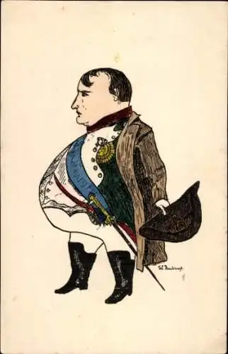 Künstler Ak Karikatur, Napoleon Bonaparte mit dickem Bauch