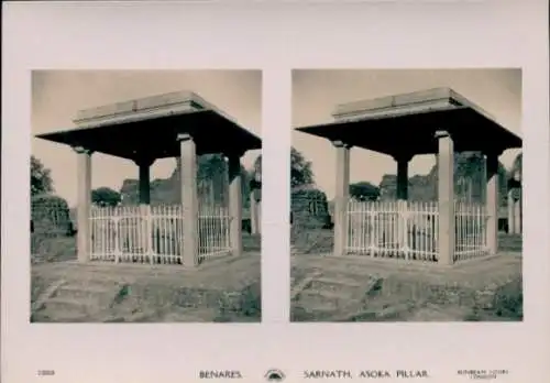 Stereo Foto Varanasi Benares Indien, Sarnath, Asoka Pillar