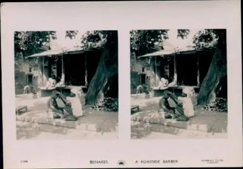 Stereo Foto Varanasi Benares Indien, A Roadside Barber