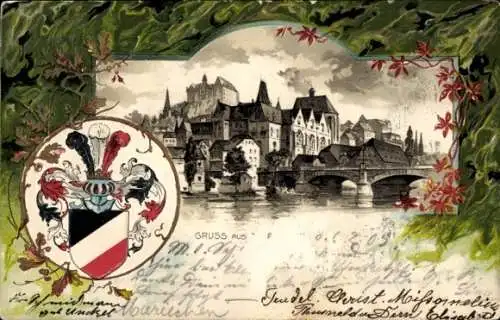 Präge Wappen Litho Marburg an der Lahn, Gesamtansicht, Brücke