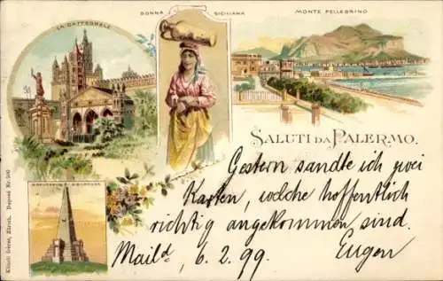 Litho Palermo Sizilien Sicilia Italien, Gesamtansicht, Kathedrale, Frau in Tracht