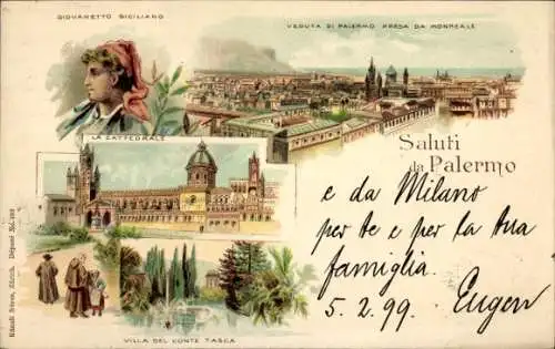 Litho Palermo Sicilia, Villa del Conte Tasca, Cattedrale, Monreale