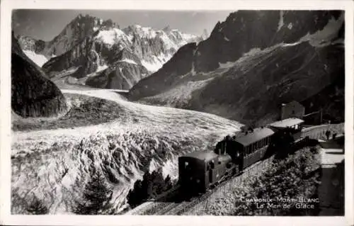 Ak Chamonix Mont Blanc Haute Savoie, La Mer de Glace, Eisenbahn