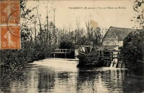 Ak Villemeux Eure et Loir, Vue sur l'Eure, Moulin