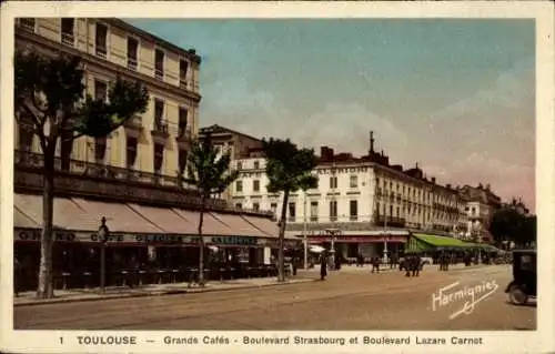 Ak Toulouse Haute Garonne, Grand Cafes, Boulevard Strasbourg, Boulebard Lazare Carnot