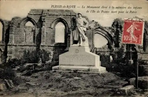 Ak Plessis de Roye Oise, Monument eleve a la memoire des enfants de l'Ile de France mort