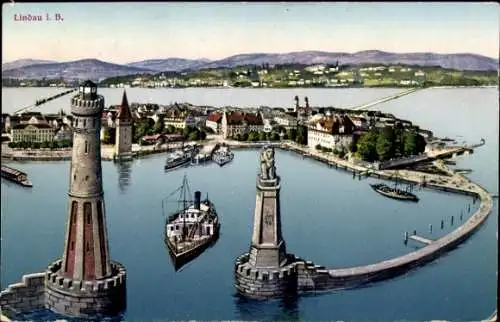 Ak Lindau am Bodensee Schwaben, Gesamtansicht, Hafen, Leuchtturm