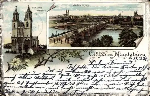 Litho Magdeburg an der Elbe, Dom, Blick auf den Ort