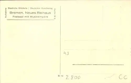 Ak Bremen Hansestadt, Festsaal mit Musikempore im Neuen Rathaus