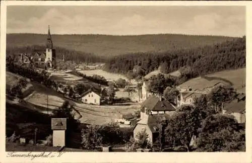 Ak Tannenbergsthal im Vogtland, Totalansicht, Kirchturm