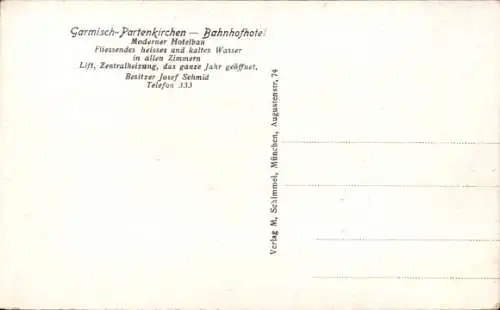 Ak Garmisch Partenkirchen in Oberbayern, Bahnhofhotel