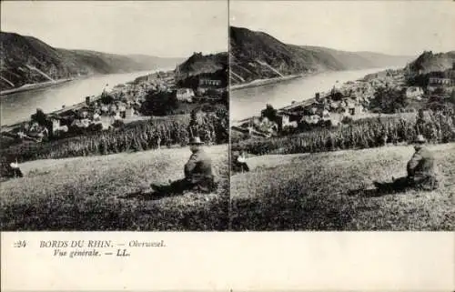 Stereo Ak Oberwesel am Rhein, Panorama, Weinberg